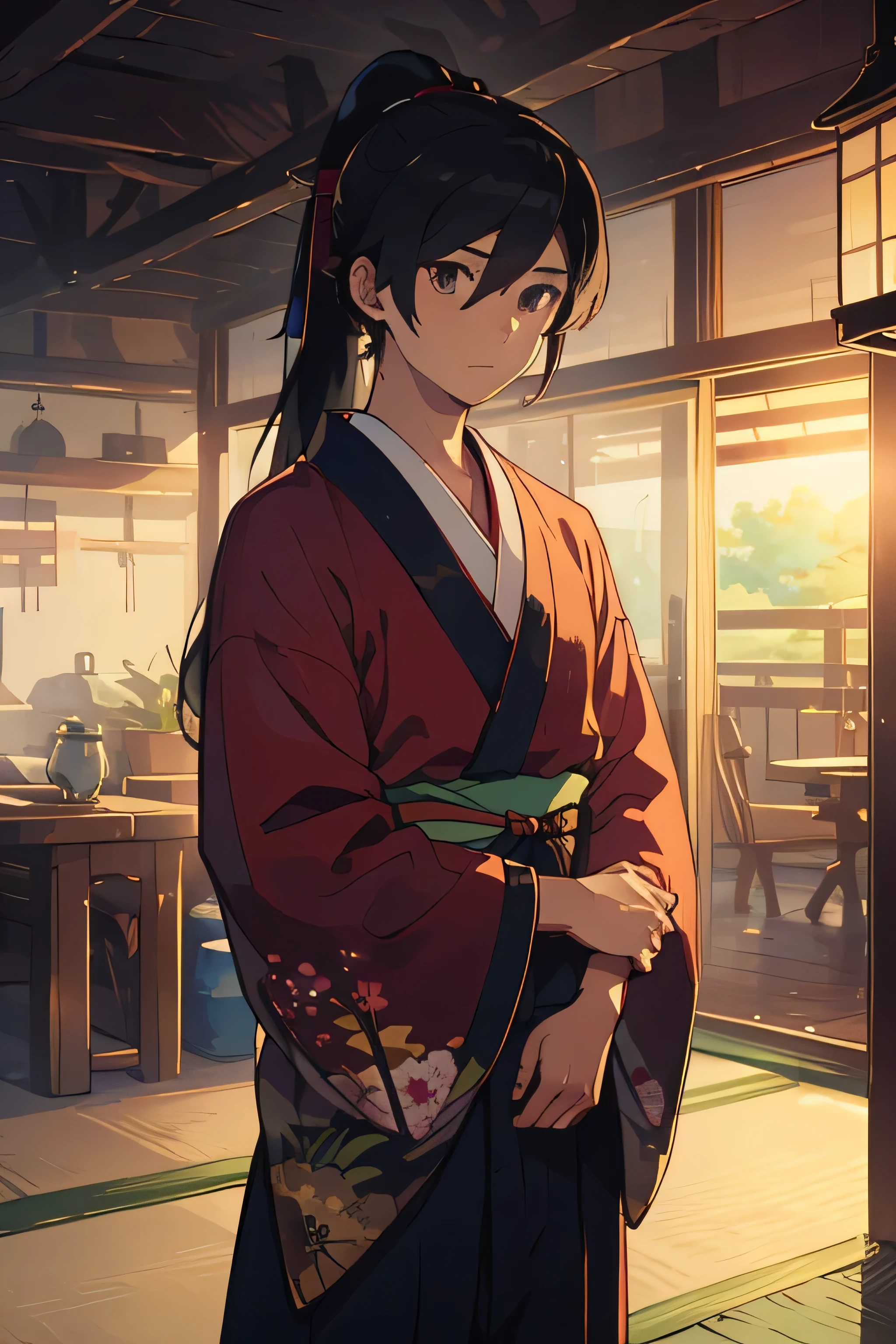 highres, sharp focus, pixiv masterpiece, ((intricate details)), highly detailed, yasuri_shichika, 1boy, male, stripe bead necklace, black hair, (spiked hair:1.1), ponytail, very long hair, red clothes, red open clothes, simple kimono, hakama