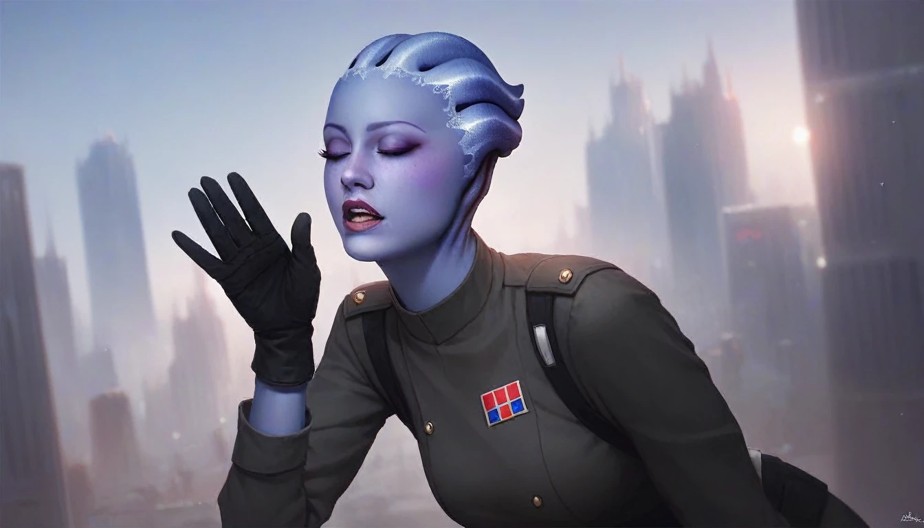 1girl, asari woman, pale blue skin, all black Imperial officer uniform, black gloves, (saluting:1.5), best quality, masterpiece, star wars theme, city background