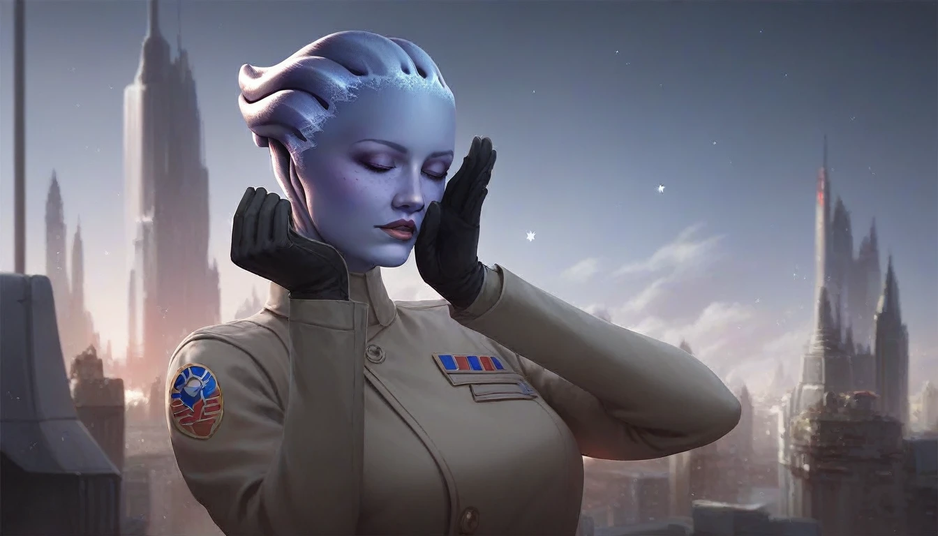 1girl, asari woman, pale blue skin, all black Imperial officer uniform, black gloves, (saluting:1.5), best quality, masterpiece, star wars theme, city background