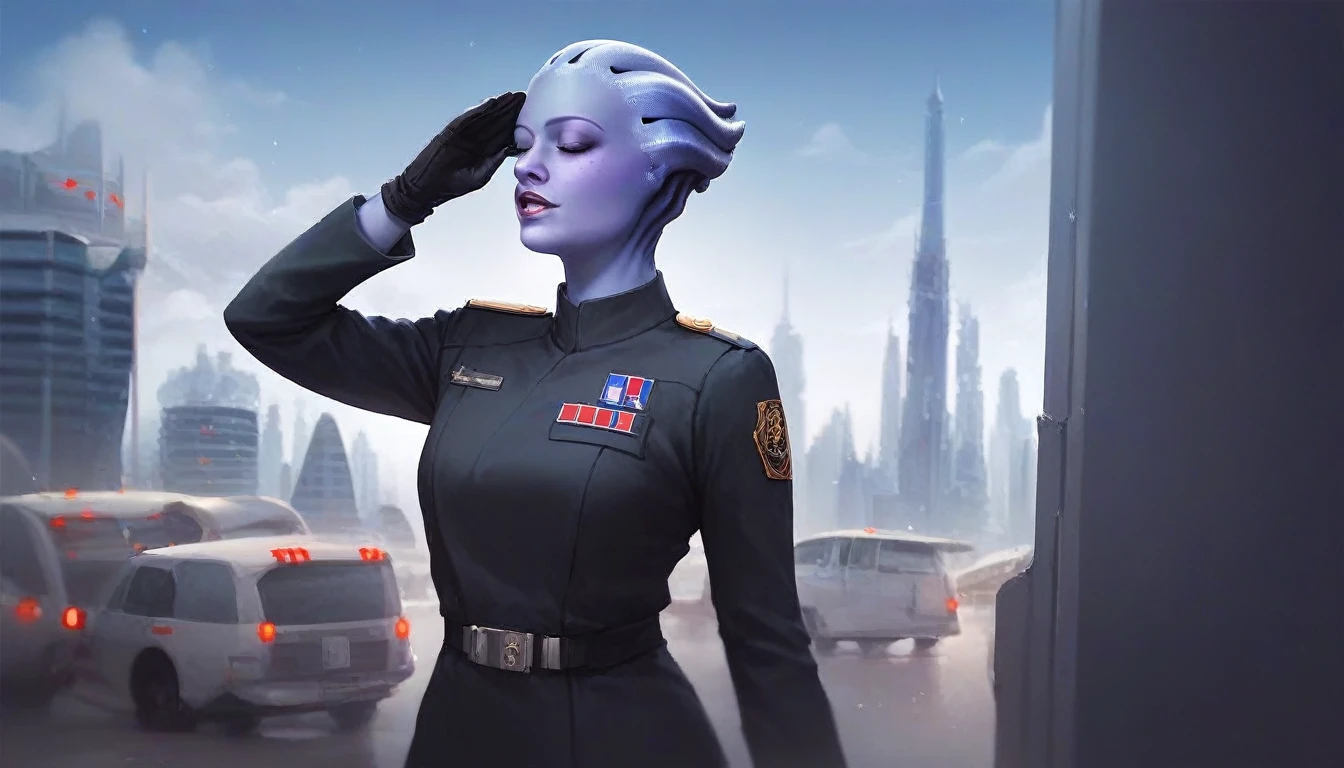 1girl, asari woman, pale blue skin, all black Imperial officer uniform, black gloves, (saluting:1.5), best quality, masterpiece, star wars theme, city background