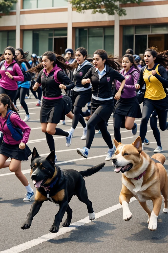 Create an image showing a group of dogs chasing female students as a form of protest."