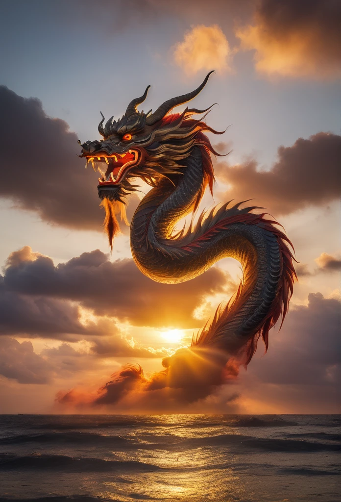 Cloud that looks like a Chinese Dragon illuminated by the rays of the setting sun