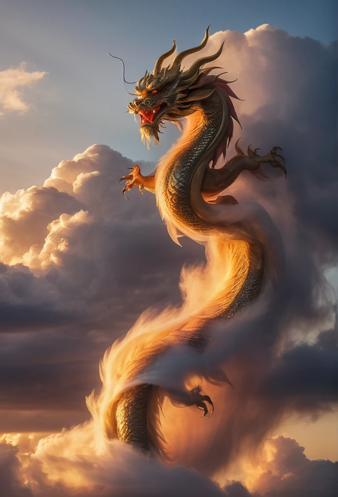 Cloud that looks like a Chinese Dragon illuminated by the rays of the setting sun