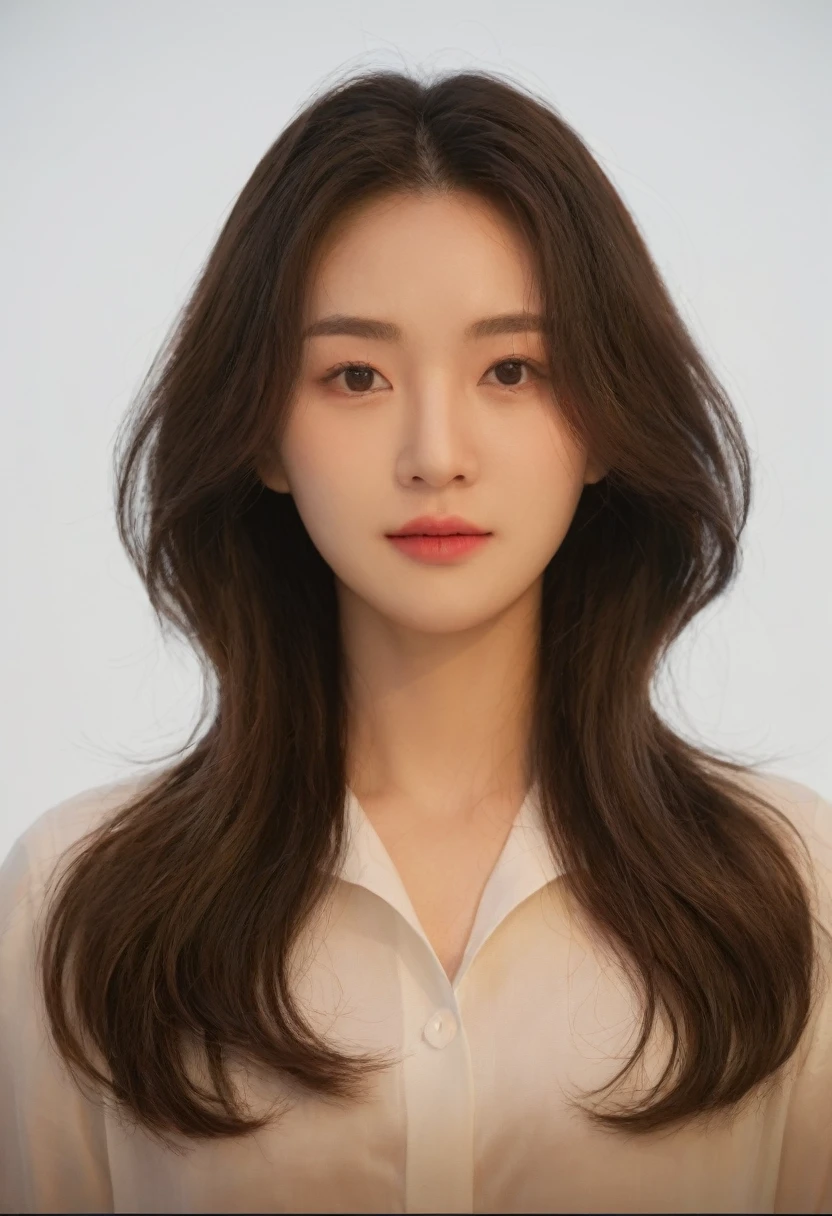 Best Quality, 8k, Masterpiece, (Portrait: 1.3), (photo realistic:1.4), (hyper realistic:1.4), Sharp Focus, looking at viewer, (smoother lighting:1.1), (increase cinematic lighting quality:0.9), realistic lighting, backlighting, light on face, ray trace, (brightening light:1.2), (Increase quality:1.4), sharp detail, (best quality real texture skin:1.4), finely detailed eyes, black_eyes, finely detailed face, 25 year old Korean woman, (white formal_shirt:1.4), (Create an image maintaining the original base model hairstyle:1.5)
