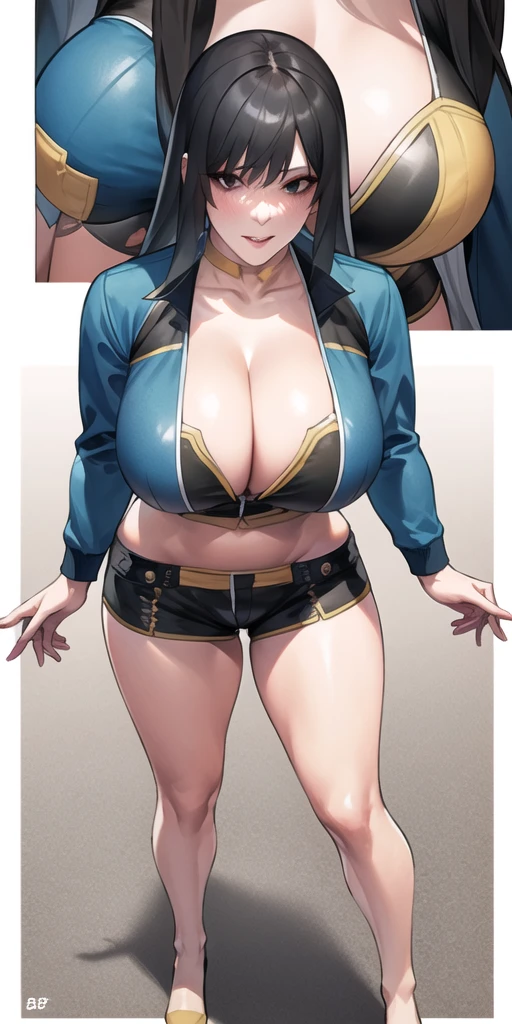 full body, (masterpiece), (best quality), ultra high res, ultra detailed, detailed eyes, intricate,  1girl, looking at viewer, bbyorf, large breasts, cleavage, collarbone, denim, denim shorts, jacket, long sleeves, ((open clothes)), open jacket, partially unzipped, blue jacket, shirt, short shorts, shorts, tank top, track jacket, unzipped, ((large breasts, big hips, tight clothes, cleavage, looking at the viewer)), (abs:0.8), BLUSHED, UNDERBOOB (realistic:1.2), (realism), (masterpiece:1.2), (best quality), (ultra detailed), (8k, 4k, intricate),(85mm),light particles, lighting, (highly detailed:1.2),(detailed face:1.2), (gradients), colorful,(detailed eyes:1.2),(detailed background),detailed landscape, (dynamic angle:1.2), (rule of third_composition:1.3), (Line of action:1.2)