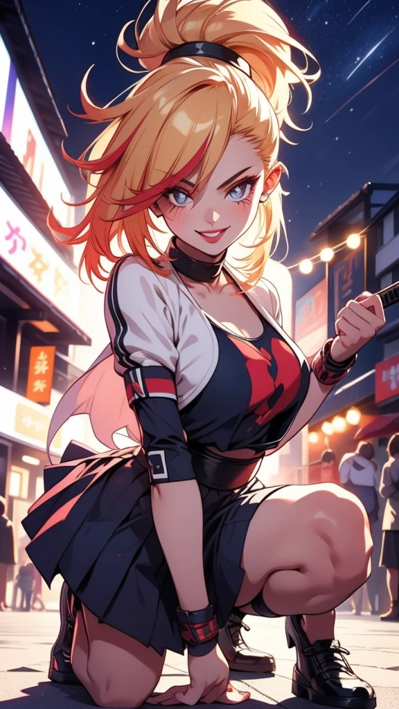 Cheerleader, cute woman, holding down a katana, big smile, expressive, simple nightscape, confident smile, ultra detailed face, better quality, perfect eyes Blue, glowing eyes, long eyelashes, sharp eyes, ultra detailed face, ultra long hair, ultra detailed hair, ultra detailed hair strands, catwalk, walking down the streets, night, starry Sky, ultra detailed lips, Red lips,