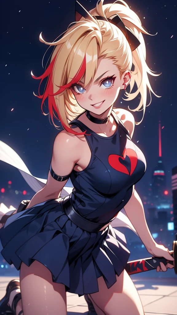 Cheerleader, cute woman, holding down a katana, big smile, samurai pose, kneeling pose, expressive, simple nightscape, confident smile, ultra detailed face, better quality, perfect eyes Blue, glowing eyes, long eyelashes, sharp eyes, ultra detailed face, ultra long hair, ultra detailed hair, ultra detailed hair strands, catwalk, walking down the streets, night, starry Sky, ultra detailed lips, Red lips,