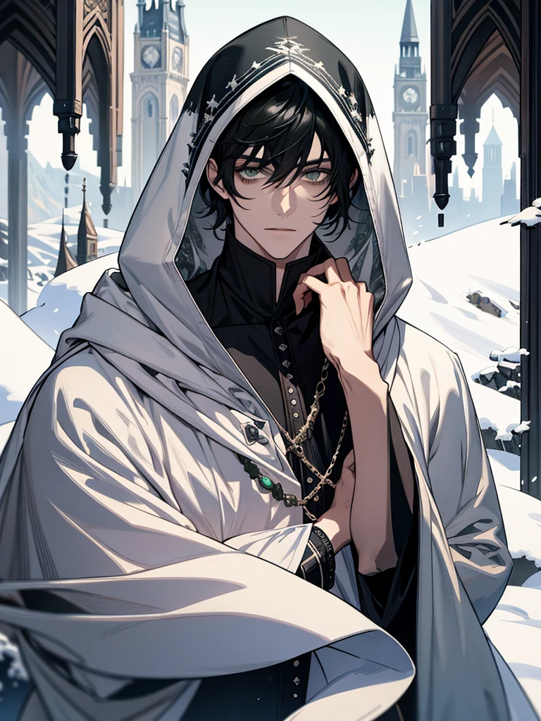 male, Short black hair with bangs, Green Eyes, Adult face, Adult, White hood and shroud, good looking, Medieval Fantasy, Remains, magician, View your viewers,Snowy Mountain City,delicate face,masterpiece