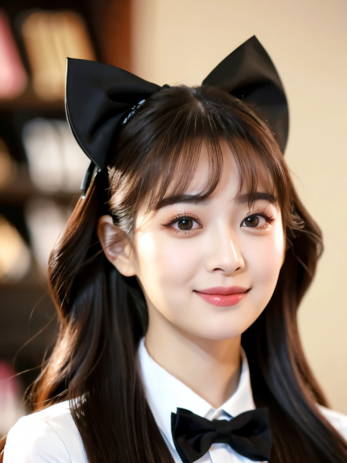 araffe asian woman with long brown hair and a black bow tie, jaeyeon nam, wan adorable korean face, korean girl, ulzzang, young adorable korean face, jinyoung shin, portrait of female korean idol, popular south korean makeup, popular korean makeup, portrait of jossi of blackpink, beautiful young korean woman, beautiful south korean woman