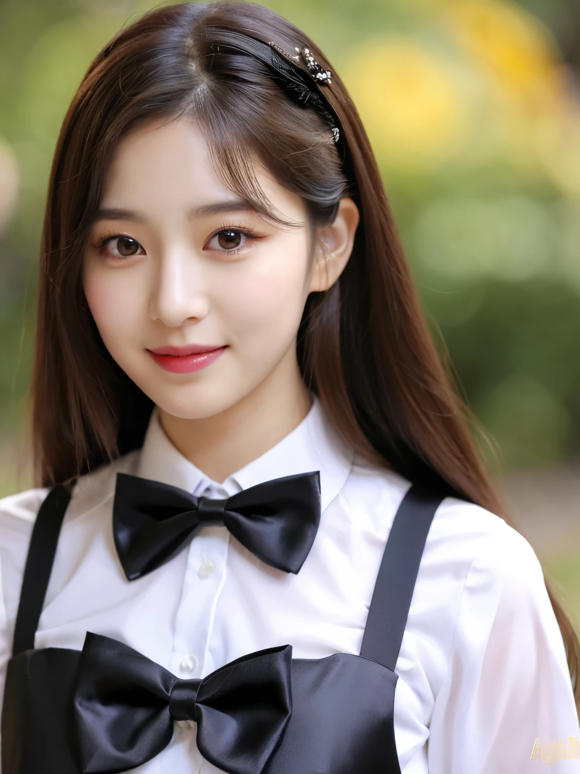 araffe asian woman with long brown hair and a black bow tie, jaeyeon nam, wan adorable korean face, korean girl, ulzzang, young adorable korean face, jinyoung shin, portrait of female korean idol, popular south korean makeup, popular korean makeup, portrait of jossi of blackpink, beautiful young korean woman, beautiful south korean woman
