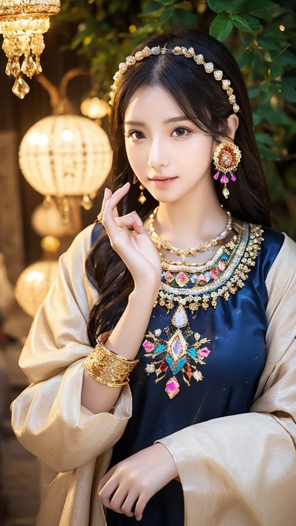 A beautiful and elegant Japanese female fortune teller、Age: 18 to 21 years、Colorful jeweled hair ornaments、Jeweled frame、Hair is brown, almost black、Always place the crystal on the palm of your hand.、The light always shines from the crystal.、Crystal is always crystal、The background and clothes are gold、In the background there is a circle-shaped interstellar、Image from the front、Camera-focused images、Ultra HD、Ultra-high resolution、Photorealistic、Traditional costumes of Dunhuang、Embroidered costume、Summer clothes、Glamorous Body、