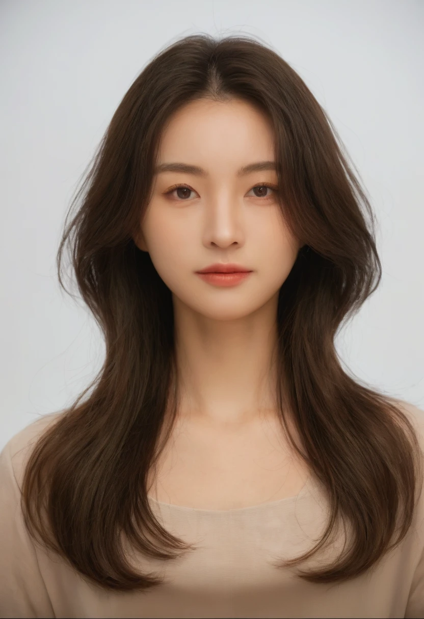 Best Quality, 8k, Masterpiece, (Portrait: 1.3), (photo realistic:1.4), (hyper realistic:1.4), Sharp Focus, looking at viewer, (smoother lighting:1.1), (increase cinematic lighting quality:0.9), realistic lighting, backlighting, light on face, ray trace, (brightening light:1.2), (Increase quality:1.4), sharp detail, (best quality real texture skin:1.4), finely detailed eyes, black_eyes, finely detailed face, 25 year old Korean woman, (white formal_shirt:1.4), (Create an image maintaining the original base model hairstyle:1.5)