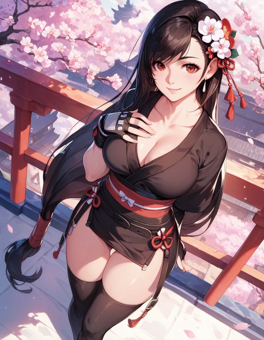 (best quality), (very aesthetic), (ultra-detailed), (best illustration), Tifa, long hair, hair ornament, hair flower, black kimono, black shirt, sash, black thigh   highs, large breasts,  eyes, smile, from above, japanese architecture, cherry blossoms, standing, hand on own chest and Masturbating