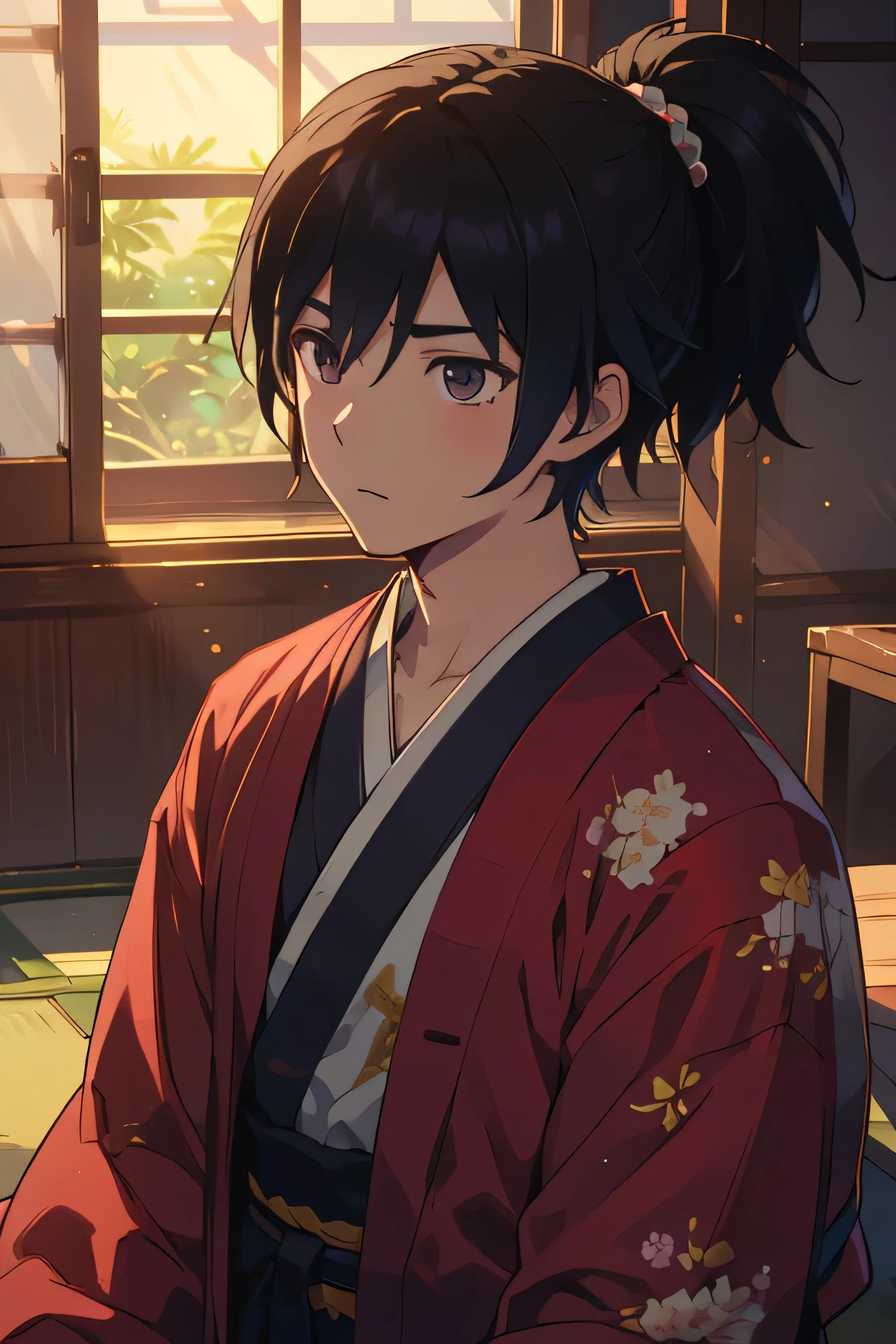 highres, sharp focus, pixiv masterpiece, ((intricate details)), highly detailed, yasuri_shichika, 1boy, male, stripe bead necklace, black hair, (spiked hair:1.1), ponytail, very long hair, red clothes, red open clothes, simple kimono, hakama