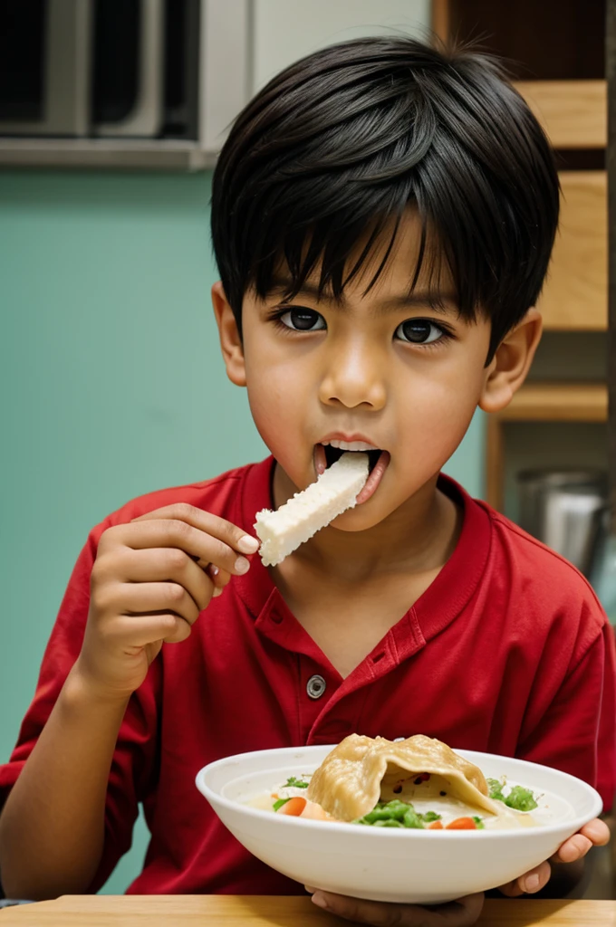 A boy is eating rice