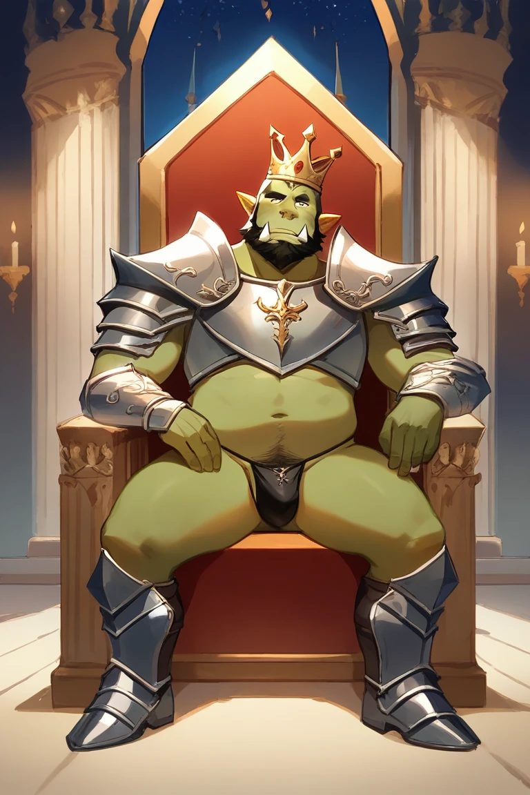 core_9, score_8_up, score_7_up, solo, male focus, male, chubby orc, green skin, tusks, beard, palace , night, king crown , micro armor , shoulder armor , (black g-string) , full body , armor boots , laying spread legs , Throne , ashamed face
