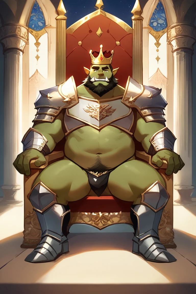 core_9, score_8_up, score_7_up, solo, male focus, male, chubby orc, green skin, tusks, beard, palace , night, king crown , micro armor , shoulder armor , (black g-string) , full body , armor boots , laying spread legs , Throne , ashamed face