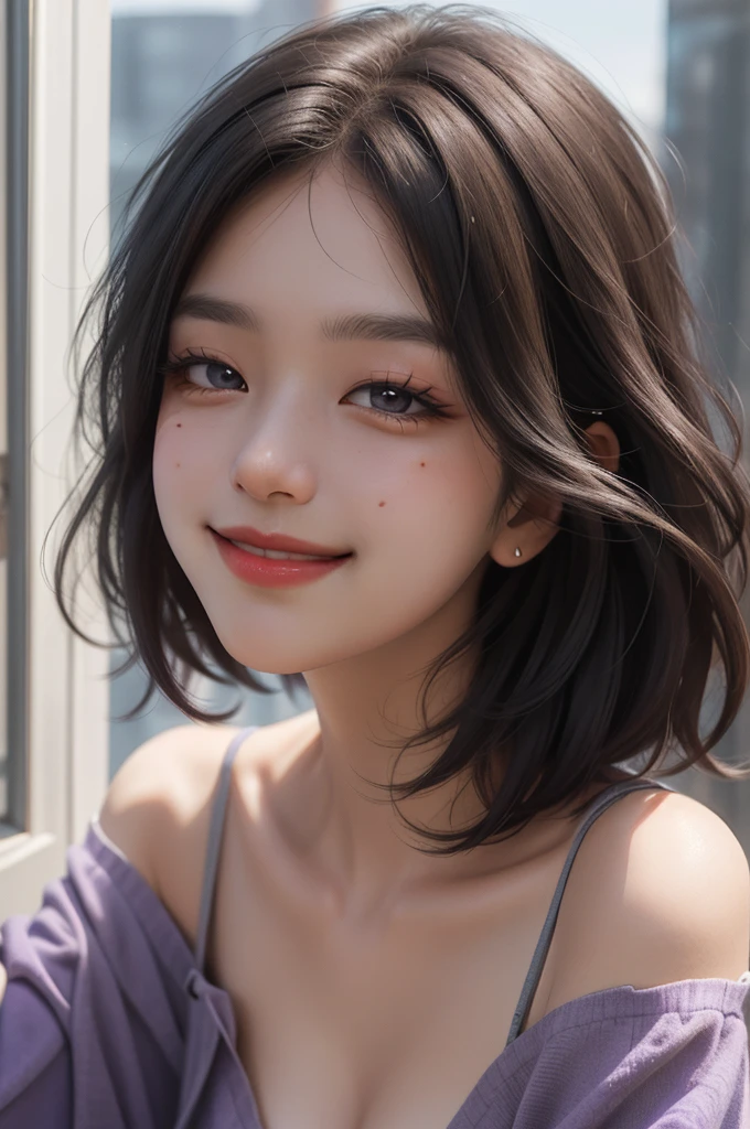 1 girl, 19 years old, south korean, 4k, masterpiece, realistic, realistic textures, frekles under eyes, short whavy black hair, bob haircut, shining purple eyes, detailed pupils, bright red lips, red eyeliners, off-shoulder top, discovered breast, gigant breast, happy, big smile, closed mouth, shrugging shoulders, multiple of frekles under eyes, detailed face, detailed eyes, facing camera, bright colors, close up, face focus.