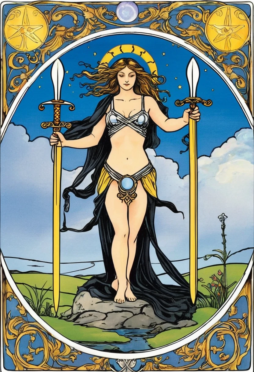 Two of swords, tarot card, tartarian style, very realistic,
1. **Two of Swords in Tarot**:
- Represents a **stalemate**, **truce**, or being at a **crossroads**.
- Associated with the **zodiac sign Libra** (ruled by **Venus**).
- Encourages facing fears and making difficult choices.
2. **Zodiac Sign Libra**:
- Symbolized by the Scales.
- Emphasizes **balance**, **harmony**, and **justice**.