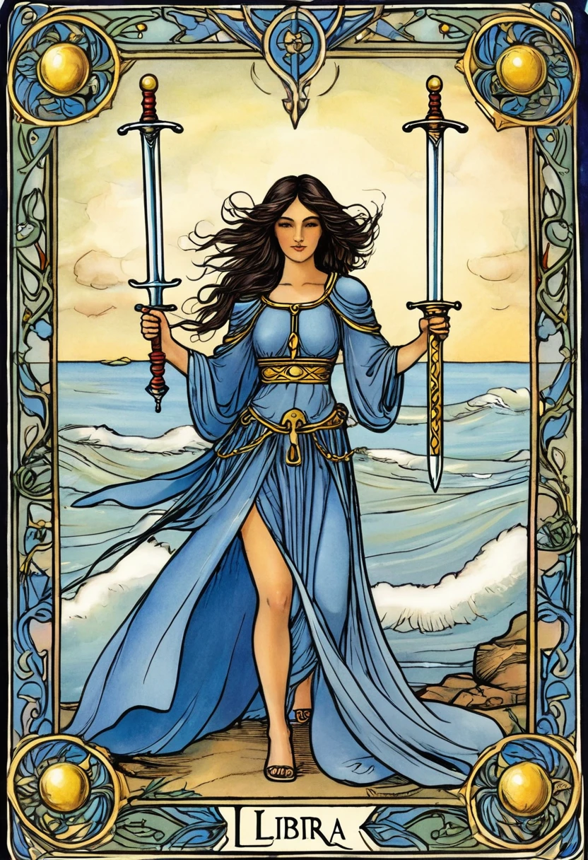 Two of swords, tarot card, tartarian style, very realistic,
1. **Two of Swords in Tarot**:
- Represents a **stalemate**, **truce**, or being at a **crossroads**.
- Associated with the **zodiac sign Libra** (ruled by **Venus**).
- Encourages facing fears and making difficult choices.
2. **Zodiac Sign Libra**:
- Symbolized by the Scales.
- Emphasizes **balance**, **harmony**, and **justice**.