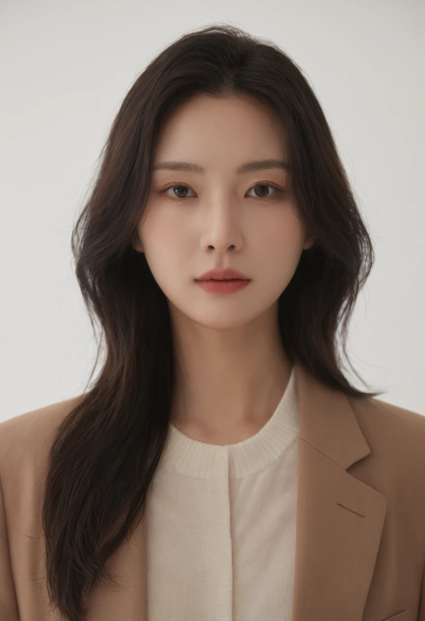 Best Quality, 8k, Masterpiece, (Portrait: 1.3), (photo realistic:1.4), (hyper realistic:1.4), Sharp Focus, looking at viewer, (smoother lighting:1.1), (increase cinematic lighting quality:0.9), realistic lighting, backlighting, light on face, ray trace, (brightening light:1.2), (Increase quality:1.4), sharp detail, (best quality real texture skin:1.4), finely detailed eyes, black_eyes, finely detailed face, 25 year old Korean woman, (white formal_shirt:1.4), (Create an image maintaining the original base model hairstyle:1.5)