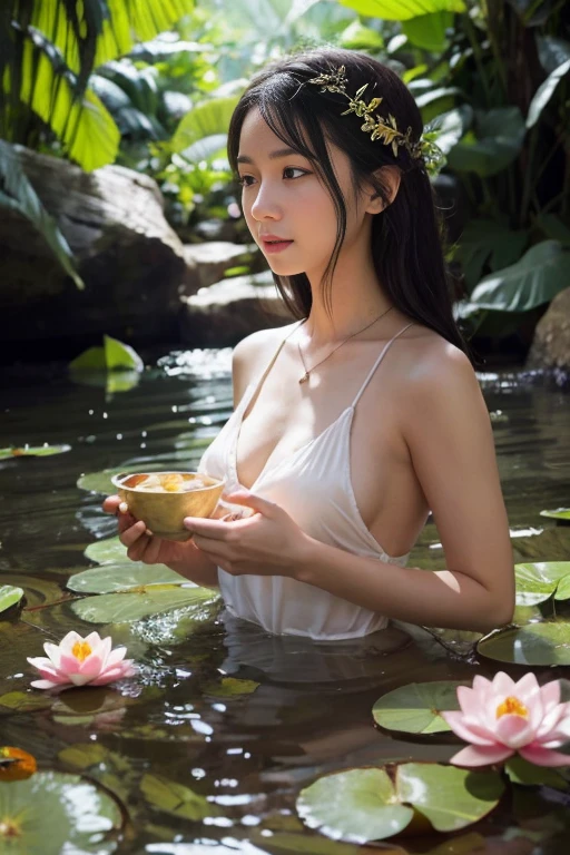A playful nymph with delicate flowers in her hair, reclining by a serene forest pond, reflecting the ethereal beauty of nature, (large tits:1.3), (full body:1.5), (photorealistic:1.3), uhd, 8k realistic skin, amazing detail