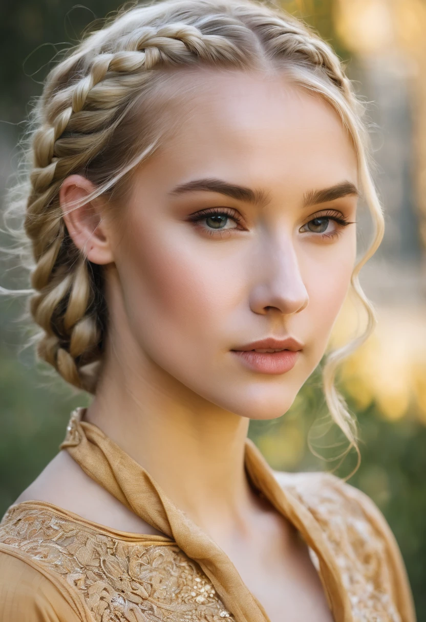 Beautiful graceful blonde girl, golden short blouse, braided hair. Tender look, in Russia.