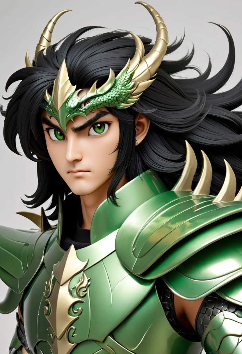 A man in green metallic armor, Cel animation style, A dragon head sculpture is designed into the head armor., I can see your real face, Armor in the shape of dragon claws is attached to both shoulders.,Man with long black hair, Black straight long hair, Super beautiful image quality, Professional painter, Highest quality, 18-year-old,