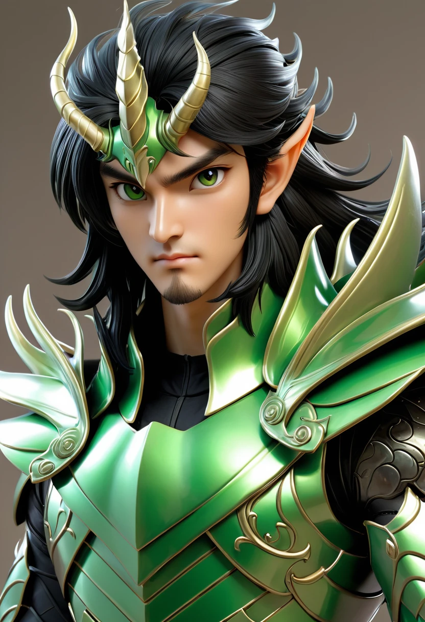 A man in green metallic armor, Cel animation style, A dragon head sculpture is designed into the head armor., I can see your real face, Armor in the shape of dragon claws is attached to both shoulders.,Man with long black hair, Black straight long hair, Super beautiful image quality, Professional painter, Highest quality, 18-year-old,