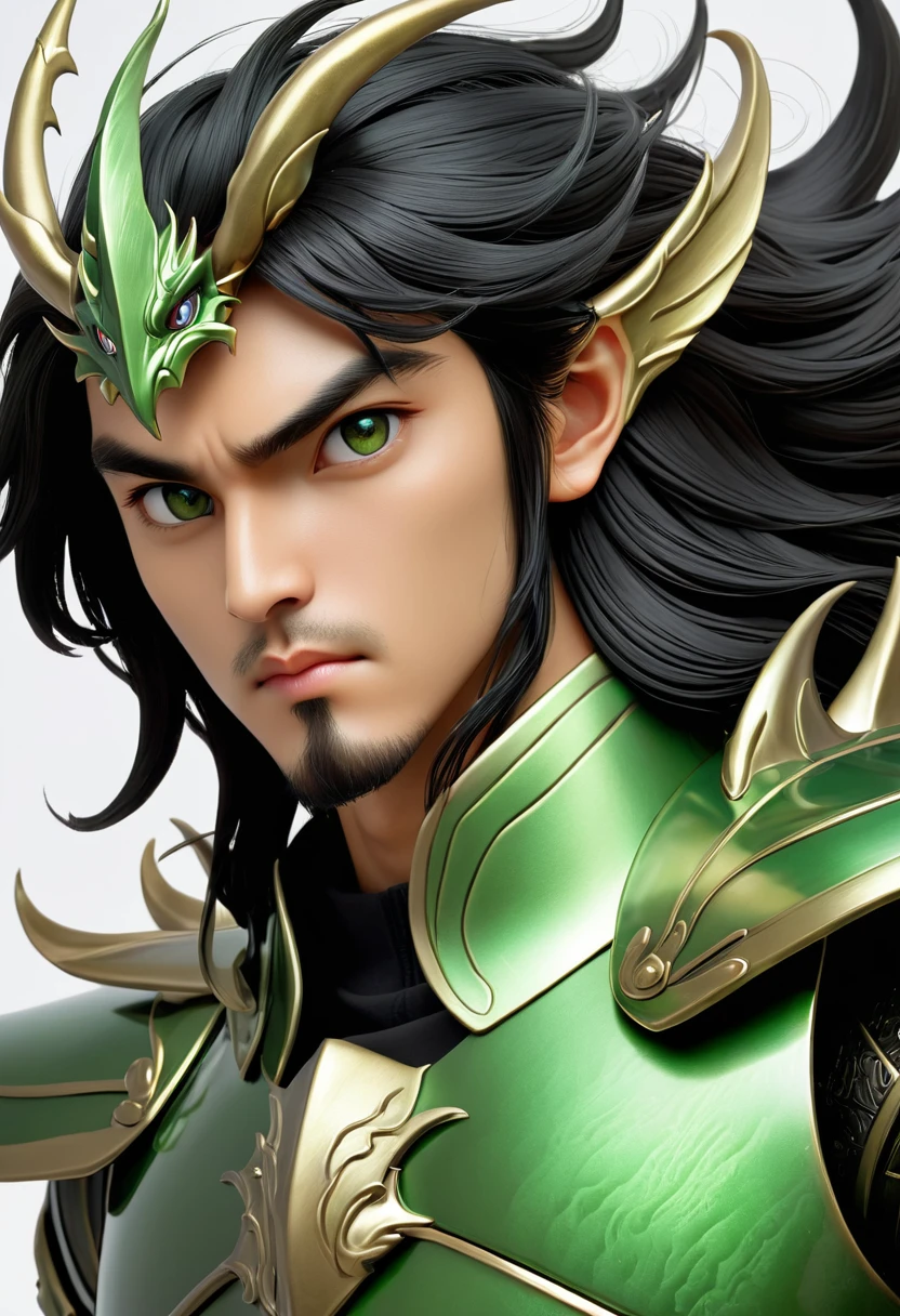 A man in green metallic armor, Cel animation style, A dragon head sculpture is designed into the head armor., I can see your real face, Armor in the shape of dragon claws is attached to both shoulders.,Man with long black hair, Black straight long hair, Super beautiful image quality, Professional painter, Highest quality, 18-year-old,