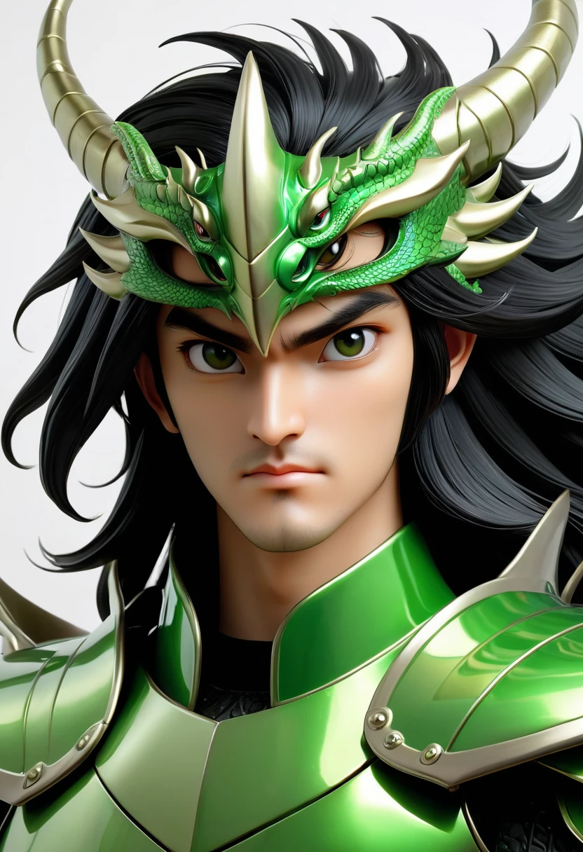 A man in green metallic armor, Cel animation style, A dragon head sculpture is designed into the head armor., I can see your real face, Armor in the shape of dragon claws is attached to both shoulders.,Man with long black hair, Black straight long hair, Super beautiful image quality, Professional painter, Highest quality, 18-year-old,