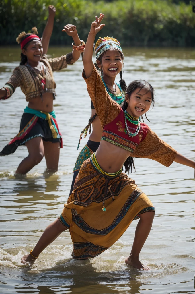 Tribal people dancing while holding up a crocodile