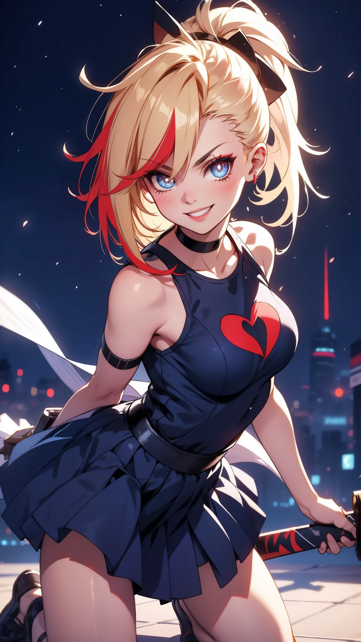 Cheerleader, cute woman, holding down a katana, big smile, samurai pose, kneeling pose, expressive, simple nightscape, confident smile, ultra detailed face, better quality, perfect eyes Blue, glowing eyes, long eyelashes, sharp eyes, ultra detailed face, ultra long hair, ultra detailed hair, ultra detailed hair strands, catwalk, walking down the streets, night, starry Sky, ultra detailed lips, Red lips, 