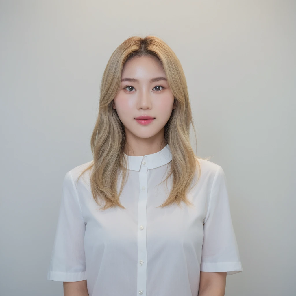 Best Quality, 8k, Masterpiece, (Portrait: 1.3), (photo realistic:1.4), (hyper realistic:1.4), Sharp Focus, looking at viewer, (smoother lighting:1.1), (increase cinematic lighting quality:0.9), realistic lighting, backlighting, light on face, ray trace, (brightening light:1.2), (Increase quality:1.4), sharp detail, (best quality real texture skin:1.4), finely detailed eyes, black_eyes, finely detailed face, 25 year old Korean woman, (white formal_shirt:1.4), (Create an image maintaining the original base model hairstyle:1.5),gentle_face