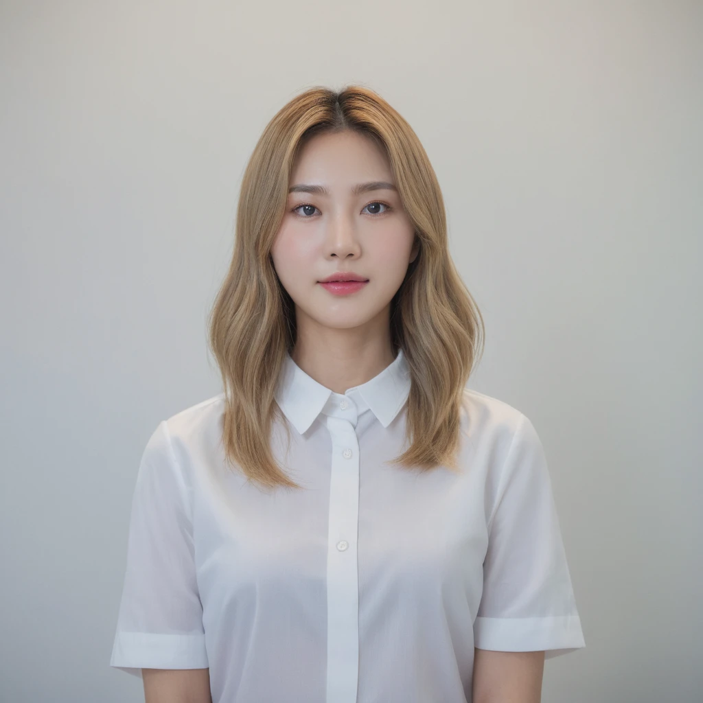 Best Quality, 8k, Masterpiece, (Portrait: 1.3), (photo realistic:1.4), (hyper realistic:1.4), Sharp Focus, looking at viewer, (smoother lighting:1.1), (increase cinematic lighting quality:0.9), realistic lighting, backlighting, light on face, ray trace, (brightening light:1.2), (Increase quality:1.4), sharp detail, (best quality real texture skin:1.4), finely detailed eyes, black_eyes, finely detailed face, 25 year old Korean woman, (white formal_shirt:1.4), (Create an image maintaining the original base model hairstyle:1.5),gentle_face