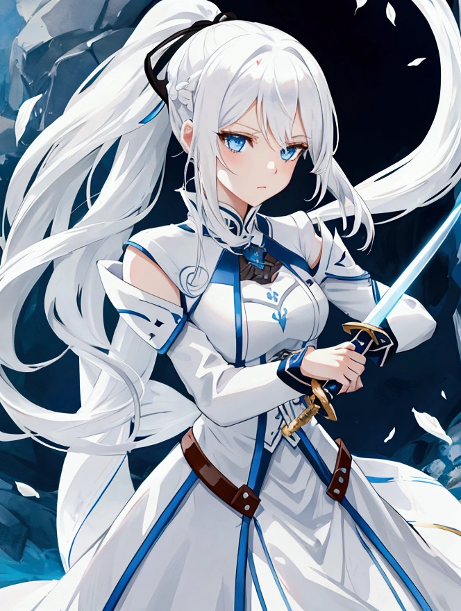 ponytail,white hair,light blue eyes, lass, sword