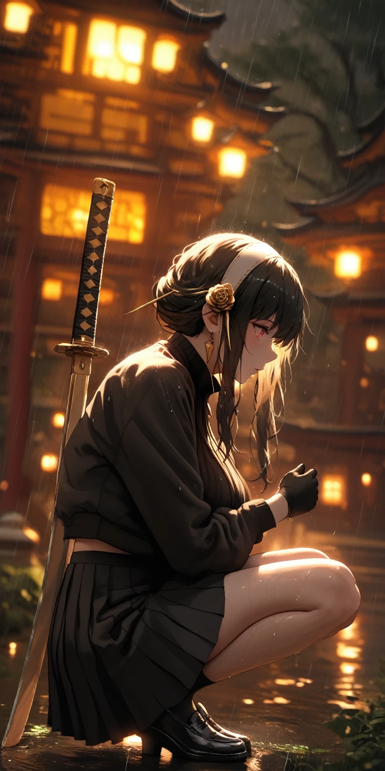 (hews art style:0.7), score_9, score_8_up, score_7_up, score_6_up, score_5_up, score_4_up, uncensored, yor briar, black hair, white hairband, sidelocks, red eyes, BREAK (masterpiece:1.2), best quality, high resolution, (detailed eyes:1.3), perfect lighting, (perfect hands, perfect anatomy), large breasts, sagging breasts, 1girl, solo, sword, skirt, jacket, pleated skirt, blurry, katana, blurry background, from side, gloves, squatting, outdoors, black gloves, shoes, black footwear, long sleeves, rain, weapon on back, black skirt, profile, depth of field, full body, sheath, between legs, bare legs, bokeh, temple, looking at viewer, water drop, wet hair, stray hair, 