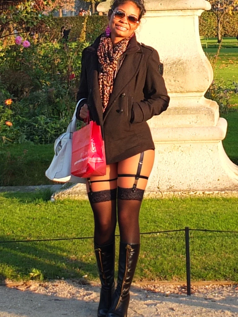 nude, african, (colored stockings), lace garter, (golden leather varnish boots), photo
