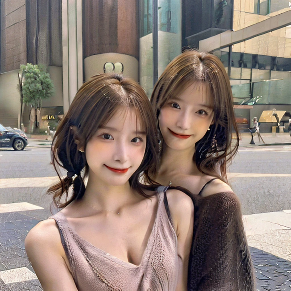 ((hair, Ultra-high resolution, Highest quality, masterpiece: 1.2), (Realistic, PhotoRealistic: 1.37), Very detailed, (Tokyo, Busy Street, sunny: 1.2), Professional Lighting, Photon Mapping, Radio City, Physically Based Rendering, masterpiece, Rich details, (Beautiful Face),(Beautiful Eyes), (Clear Face), (Detailed face description), (Detailed hand description), ( masterpiece), Realistic, Extreme light and shadow, Glowing Skin,輝くhair, One Girl, 18-year-old, Japan, cute, (smile,Happy:1.3),(Gradient Brown Hair, short hair, ponytail:1.2),Small Big, thin: 1.2, double, 乱れたhair, fine clavicle, clavicle, (Small breasts, Flat Chest:1.37),(Dynamic pose, Cowboy Shot: 1.3), (Knitted deep V-neck slip dress, Micro Mini, Side bust, Bare waist, Bare Armpits, Cleavage: 1.2), Face Focus