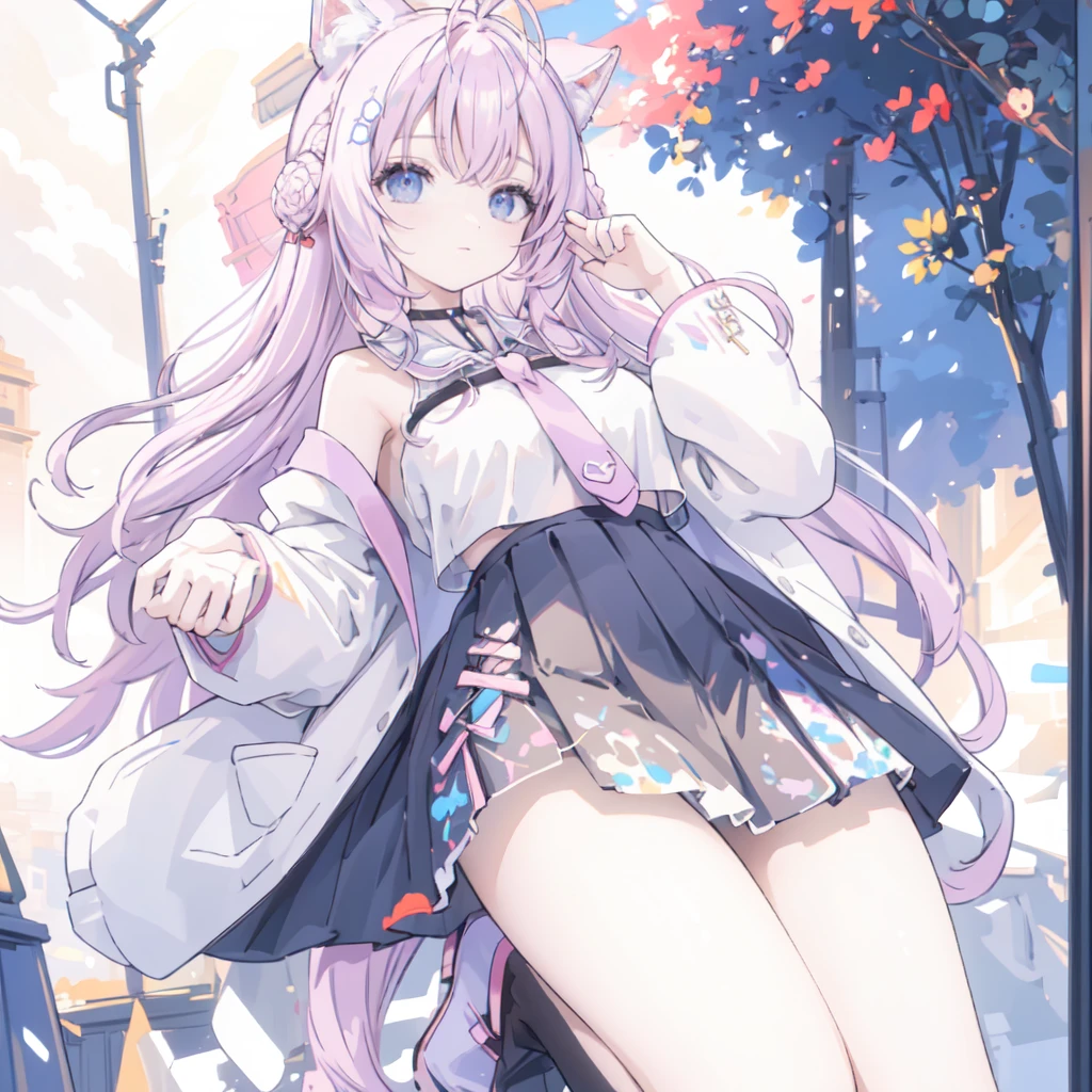 (best quality), masterpiece, Extremely detailed CG8K painting, high color, Extremely high color saturation, All colors are deepened, central composition, Extremely detailed light and shadow, The face and eyes are very detailed, medium length hair, sportswear, colorful clouds,beautiful nature,landscape