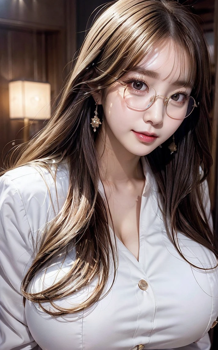 ((masterpiece:1.2、Highest quality、Tmasterpiece))、1 female、alone、Luxury hotel at night、Day、(Korean Idol:1.2)、(Are standing:1.4)、(Female doctor wearing glasses:1.4)、Wavy Hair、Medium Hair、Beautiful legs、break、,(Doctor Suit:1.5)、(Beautiful white skin:1.4)、(Big Breasts:1.5)、Hoop Earrings、lipstick、blush、(smile:1.2)、Covered breasts、(Thick lips:1.2)、Detailed body、Very detailed絵画, Luminism、4K resolution、3D Rendering、Exquisitely crafted , Cinematic、Realistic、Hit definition、Abstract Beauty、Approaching perfection, Pure Form, Golden Ratio、Very detailed, Digital photography, Soft natural light, 50mm lens, 1 1 1.8 Vacancies、blush、Small face、(Tight waist),(albino:1.3),(anorexia:1.3),(Sickly:1.2),(Face close-up:1.7)