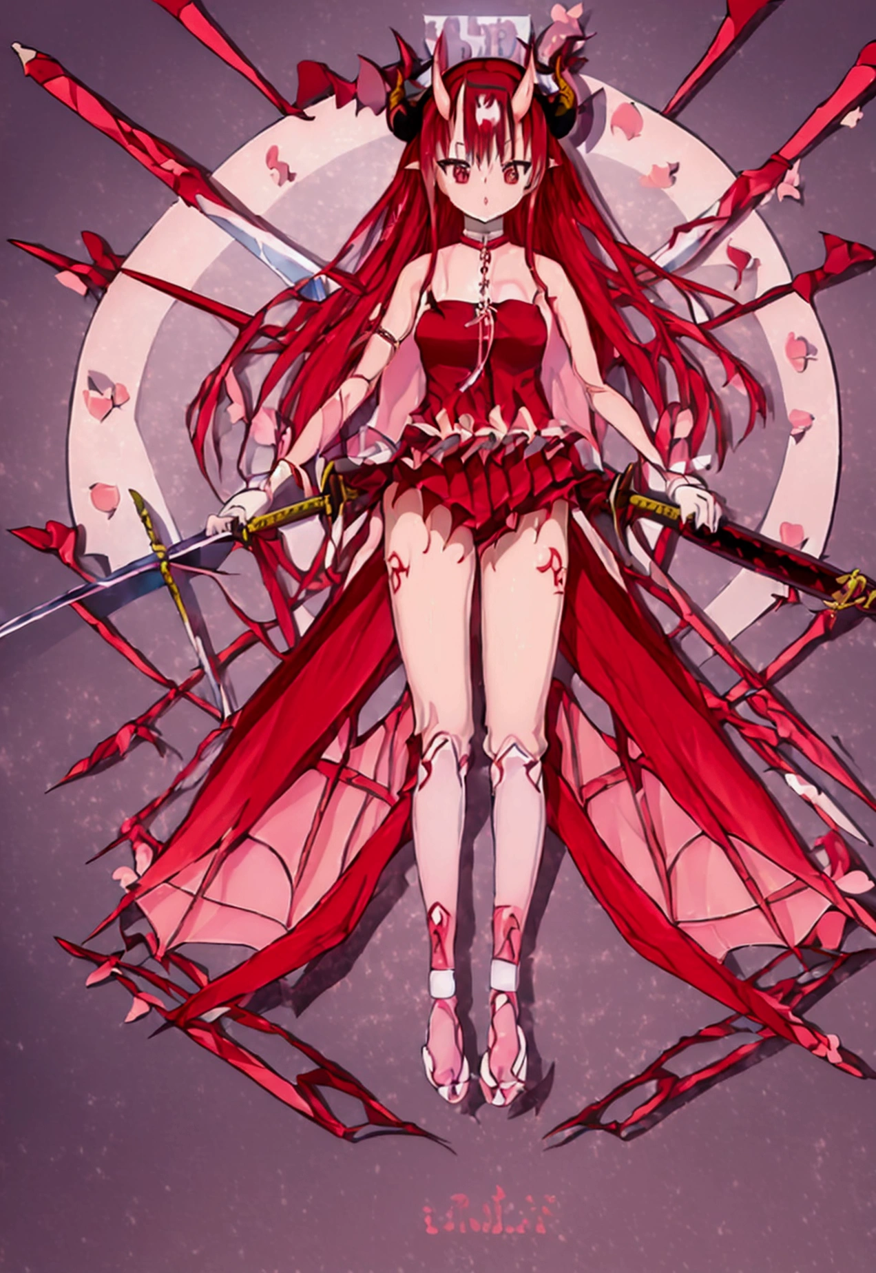 1girl、(((devilの羽:devil:Two horns))),Long Hair,、,(((fullbody)))、Nipples,(((Sword in left hand)))、独奏、Sharp Claws、Sharp Fangs、Naughty figure、Red ribbon、Sexy clothes