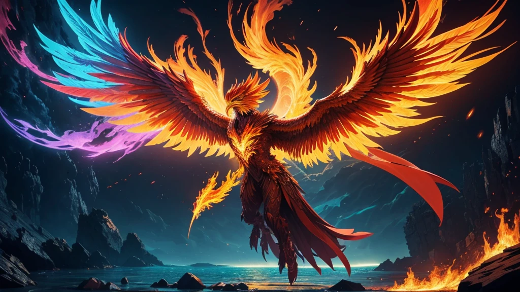 Create a phoenix made of digital elements, rising from a sea of binary code with fiery, glowing wings.