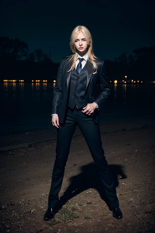 best quality, masterpiece, Ultra-high resolution, (Reality:1.4), RAW photos, 1 Girl, Blonde Hair, blue eyes, Detailed eyes and face, Black suit, Dynamic Lighting, in the darkness, Deep Shadows, Low profile, Cowboy full body shot
