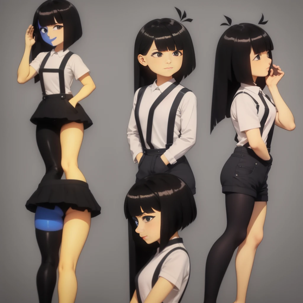 Ena (Joel G), 1girl, dual-colored body, (right side blue, left side yellow), long black hair with different length on either side, (right side of hair longer and straight, left side of hair resembles bob cut and covers left ear), two triangular ahoges, blunt cut bangs, diamond-shaped right eye with a eyelash down, half circle-shaped left eye, black eyes, beige collared t-shirt, black skirt with black overalls straps, single strap connecting the two other straps going across her chest, two black socks (one thigh-high on her right and one ankle sock on her left), grain effect over her right side and hair, front view, standing, perfect anatomy, better hands,