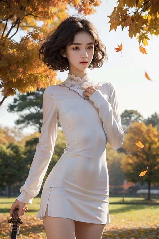 15 year old girl, , slim, flat chest, short white hair, extremely curly, perfect face, victorian short dress, long sleeve, to the neck, showing her legs, holds a short sword with both hands. falling leaves in the wind