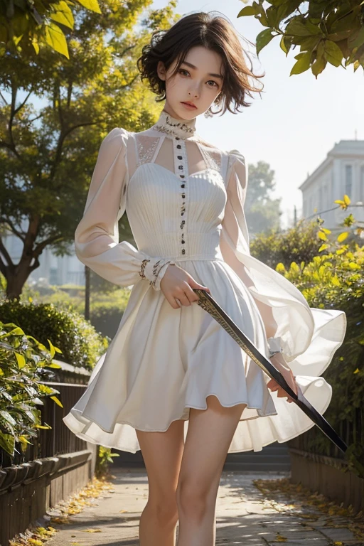 15 year old girl, , slim, flat chest, short white hair, extremely curly, perfect face, victorian short dress, long sleeve, to the neck, showing her legs, holds a short sword with both hands. falling leaves in the wind