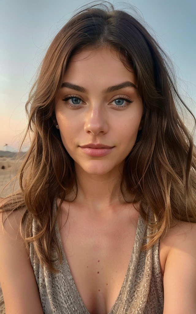 Beautiful brunette with blonde highlights,(22 years old, face innocent, Natural wavy hair, blue eyes), and a woman,t​masterpiece, beste-Qualit, ultradetailed, solo, Outside,analog style (Look at the viewer: 1.2) (Skin texture) (film grains: 1.3), (warm hue, warmer Ton: 1.2), a close up shot of a, Cinema light, side light, extra high resolution, Better shade, SPIRIT,Beautiful brunette with blonde highlights,dark aesthetic lights, very detailed, 22 years old, face innocent, Natural wavy hair, blue eyes, high resolution, ​masterpiece, best quality, Complicated high level of detail, very detailled, keen focus, detailed skin, realistic skin Textur, Textur, detailled eyes, Specialist, 4K, charming smile , filmed with Canon, 85 mm, shallow depth of field, Kodak Vision Color, perfectly fitting body, Extremely detailed, fotr_\(ultra\), photorealestic, realisti, Aftercare, maximum details, roughness, true life, ultra realist, Photo-realism, fot, 8K  UHD, fot, ((Body image)), ​masterpiece, best quality, ultradetailed, Natur, cheerful, Happy, shade, contrast, clear sky, Stil, (warm hue, warmer Ton: 1.2), close up shot, cinematic light, sidelighting, ultrahigh resolution, bester shade, SPIRIT, Face part, serious look, Normal breasts, 4K, Natur, Lace, lying on the ground, right camera looking, sexy pose, Dubai, desert, Sunset view in Background