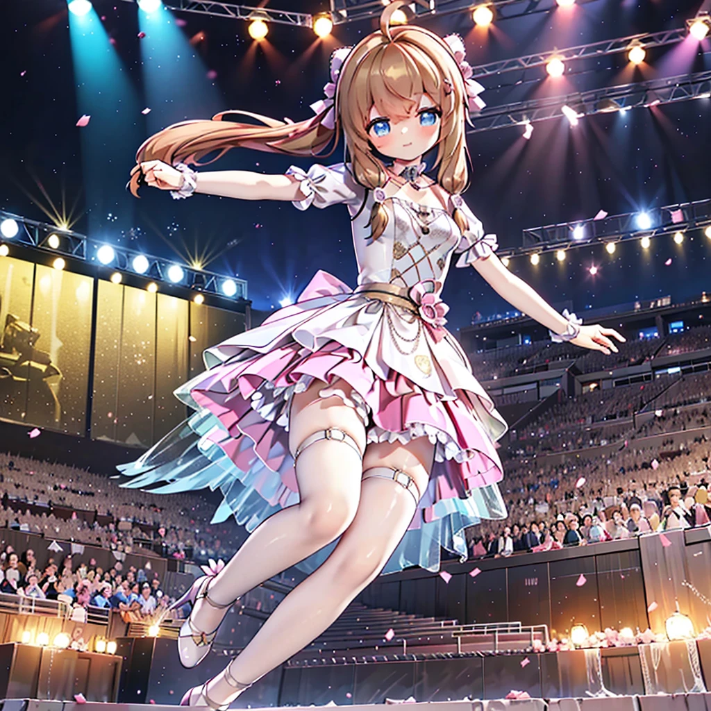 Solo, 1 girl, comical, kawaii, Blue eyes, light brown hair, back high twintails, front braids, (princess dress), ((yellow skirt 1.5))smile, Infront of viewer, from below, dance at the stage, neon and led lights, posing, sexy, high-resolution image, masterpiece, high quality, attractive eyes, full body 

