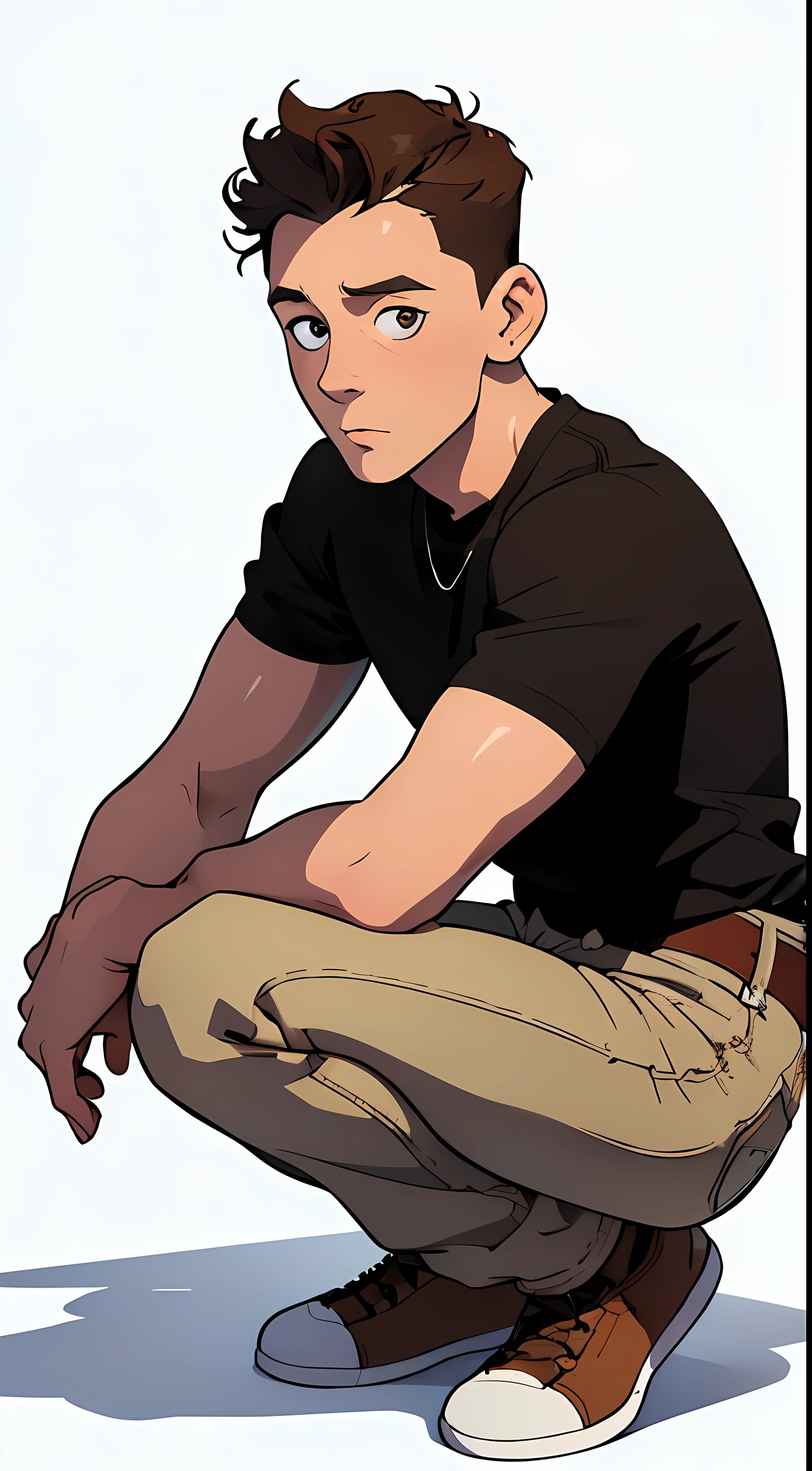 masterpiece, best quality, crouching, side view,1 guy, the highest image quality, 21-year-old man, looks like Tom Hiddleston, brown hair, brown eyes, wearing a graphic tee and dark jeans, White background, empty background, t0mh1